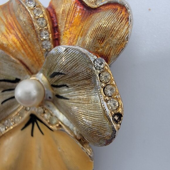 Vintage Orange Flower Floral Brooch Pin Pansy Rhinestones FLAW - Picture 3 of 4